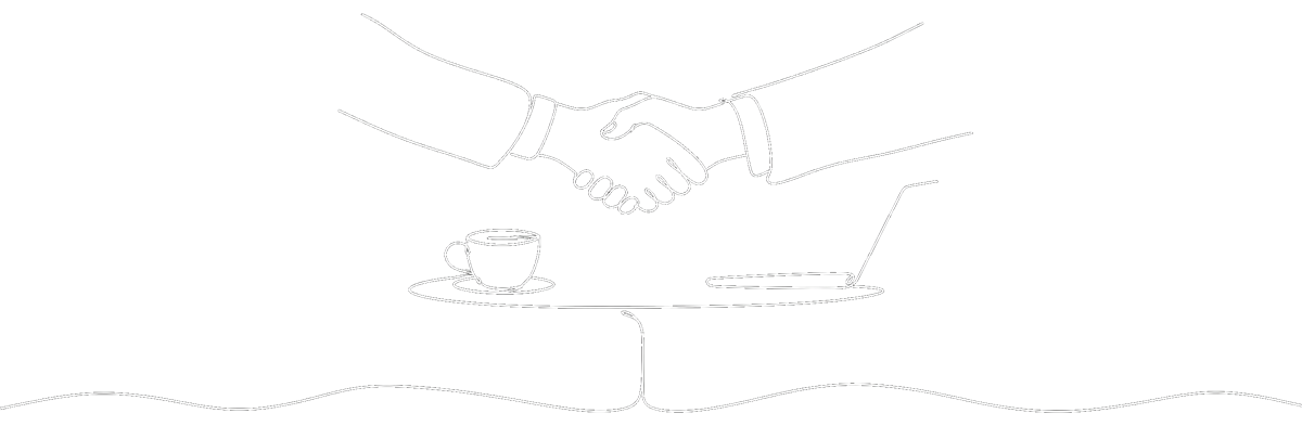 Strichzeichnung: Händedruck über einem kleinen Tisch mit Kaffeetasse und Laptop