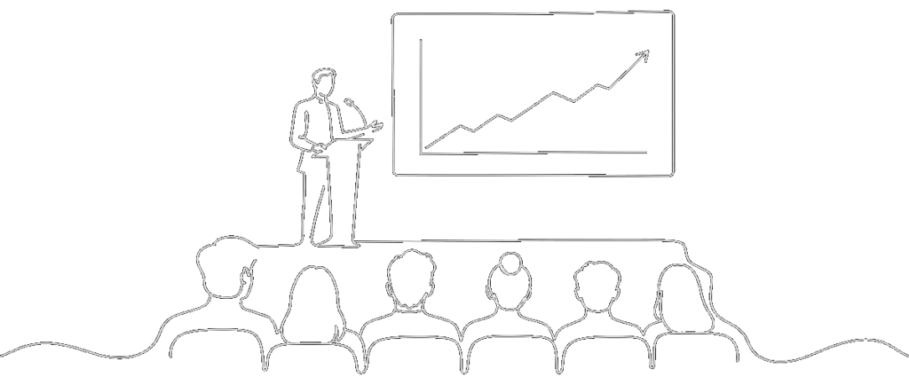 Strichzeichnung: Eine Rednerin am Pult vor einer Leinwand mit Diagramm, davor Zuhörende von hinten