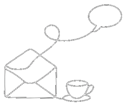 Strichzeichnung: Ein geöffneter Brief, aus dem eine Linie in eine Sprechblase führt, daneben eine Kaffeetasse