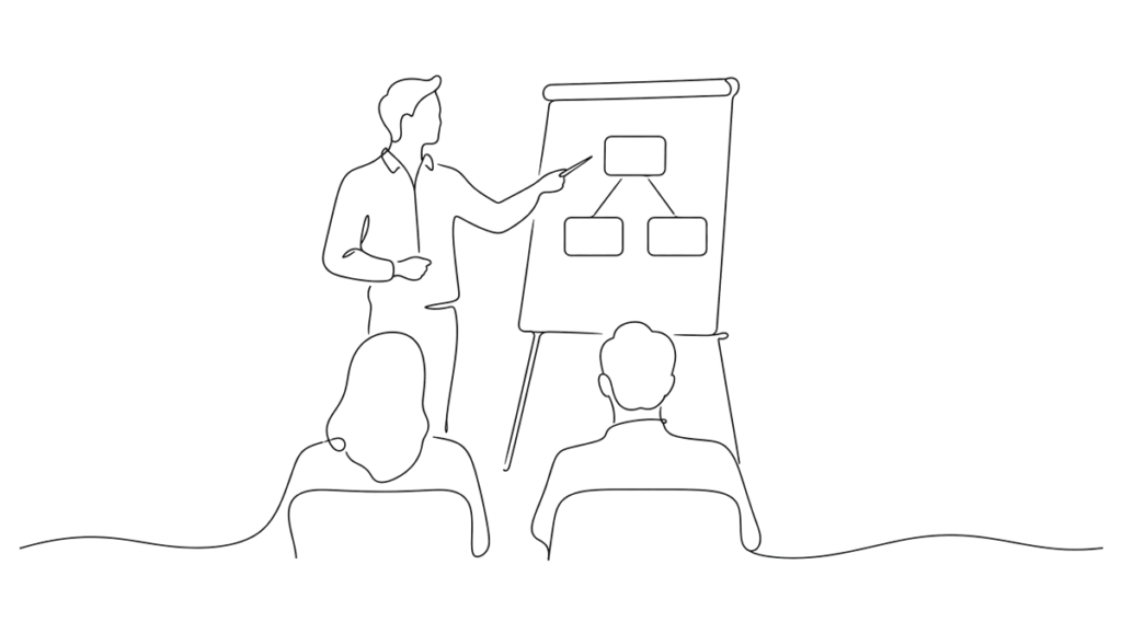 Strichzeichnung: Trainer erklärt am Flipchart ein Diagramm, zwei Teilnehmende hören zu